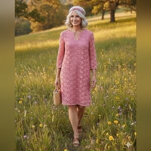 Talbots Pink Lace Shift Dress  Coral Floral Crochet Knee Length